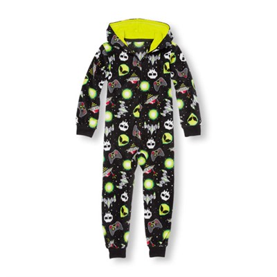 Boys Long Sleeve Alien Print Glacier Fleece Hooded One-Piece Sleeper