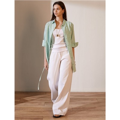 Удлиненная блузка с поясом в тонкую полоску из хлопка