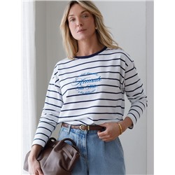 Лонгслив в полоску с принтом из премиального хлопка с эластаном