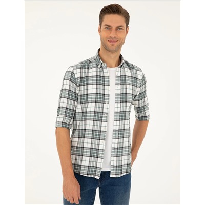 Su Yeşili Ekose Slim Fit Uzun Kollu Gömlek