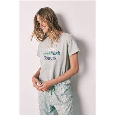 Pijama largo verde manga corta algodón estampado bandana