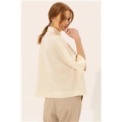 Kadın Ekru Keten Görünümlü Uzun Kollu Gömlek