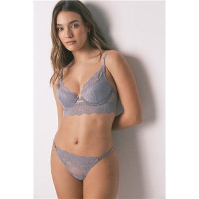 Tanga tira encaje gris brillos