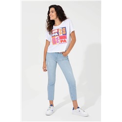 Kadın Mavi Bisiklet Yaka Crop Tişört