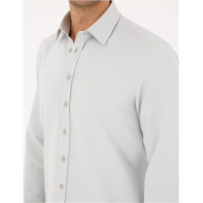 Gri Slim Fit Armürlü Uzun Kollu Gömlek
