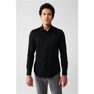 Avva Erkek Siyah %100 Pamuk Slim Fit Dar Kesim Saten Gömlek B002002