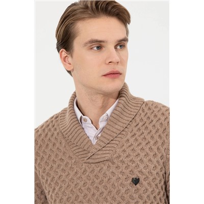 Erkek Camel Melanj Şal Yaka Triko Kazak