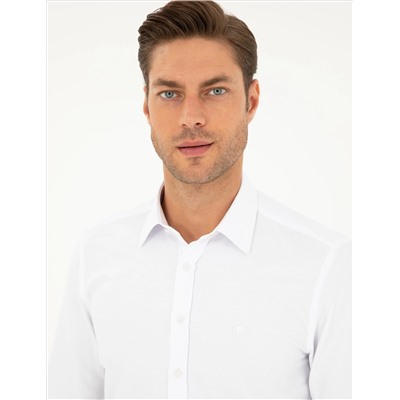 Beyaz Slim Fit Armürlü Uzun Kollu Gömlek