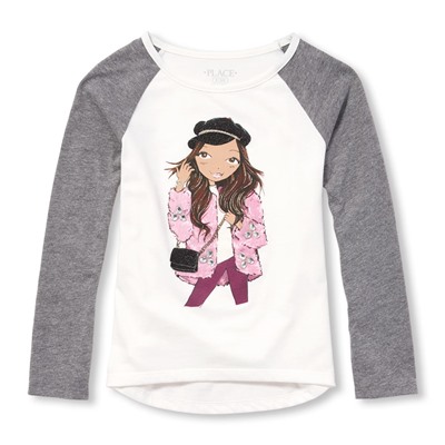 Girls Long Raglan Sleeve Glitter Girl Graphic Top