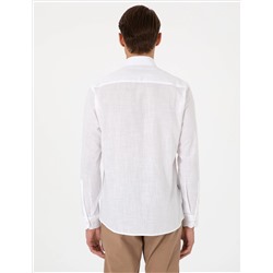 Beyaz Keten Görünümlü Slim Fit Uzun Kollu Gömlek