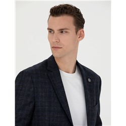 Ekose Lacivert Yün Ceket