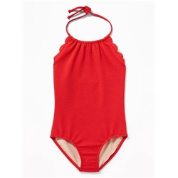 Textured Scalloped-Edge Halter Swimsuit for Girls