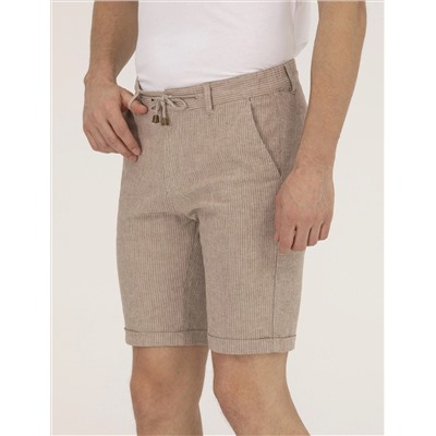 Açık Kahverengi Slim Fit Keten Karışımlı Çizgili Bağcıklı Bermuda Şort