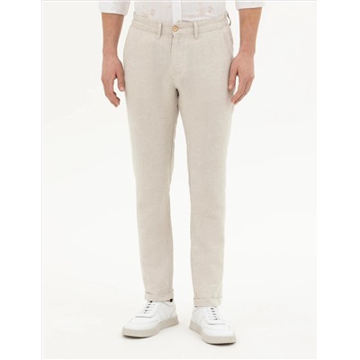 Bej Slim Fit Keten Karışımlı Kanvas Pantolon