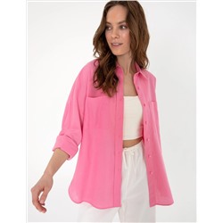 Açık Pembe Oversize Keten Karışımlı Uzun Kollu Gömlek