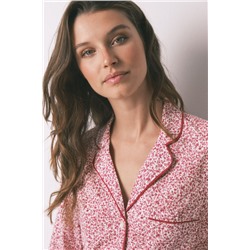 Pijama camisero algodón flores rojo