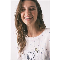 Pijama largo algodón Snoopy flores blanco