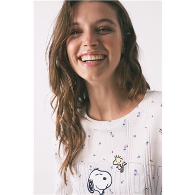 Pijama largo algodón Snoopy flores blanco
