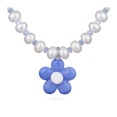 Колье Букет (жемчуг белый, муранское стекло синие; покрытие родий) 42-48см, Есть комплект
