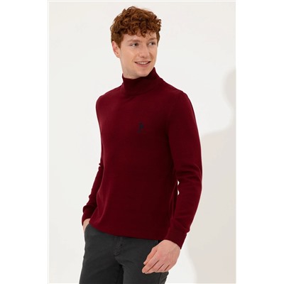 Erkek Bordo Balıkçı Yaka Basic Triko Kazak