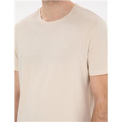 Bej %100 Pamuk Slim Fit Bisiklet Yaka Basic Tişört