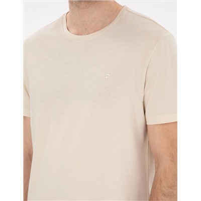 Bej %100 Pamuk Slim Fit Bisiklet Yaka Basic Tişört