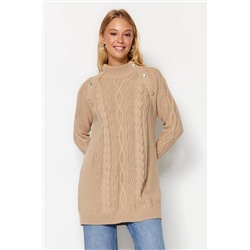 TRENDYOL MODEST Bej Aksesuar Detaylı Saç Örgülü Triko Kazak TCTAW24AK00165
