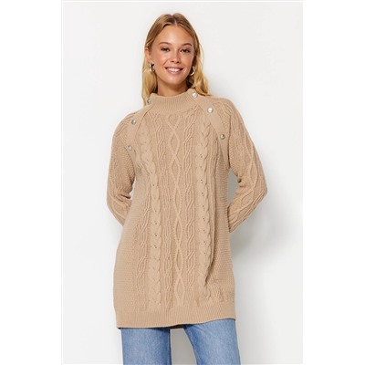 TRENDYOL MODEST Bej Aksesuar Detaylı Saç Örgülü Triko Kazak TCTAW24AK00165