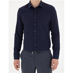 Lacivert Slim Fit Armürlü Uzun Kollu Gömlek