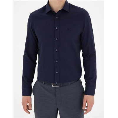 Lacivert Slim Fit Armürlü Uzun Kollu Gömlek