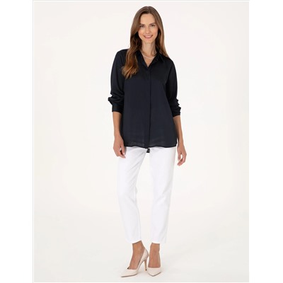 Lacivert Comfort Fit Saten Uzun Kollu Gömlek