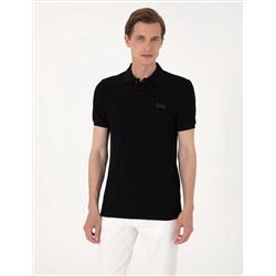 Siyah Slim Fit Örme Dokulu Polo Yaka Tişört