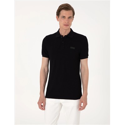 Siyah Slim Fit Örme Dokulu Polo Yaka Tişört