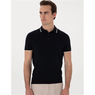 Lacivert Slim Fit Düğmeli Polo Yaka Triko Tişört