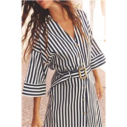 STRIPED LINEN BLEND MIDI DRESS