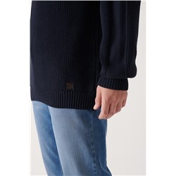 Lacivert Yarım Balıkçı Yaka Cep Detaylı Pamuklu Salaş Triko Kazak