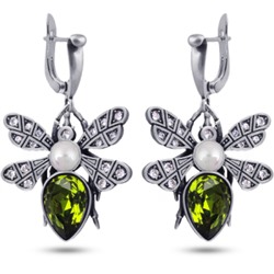 Серьги Мотылек (кристаллы SW зеленые, Майорка; покрытие античное серебро), Есть комплект
