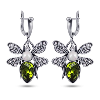 Серьги Мотылек (кристаллы SW зеленые, Майорка; покрытие античное серебро), Есть комплект