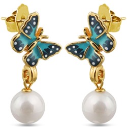 Серьги (эмаль голубая, темно-синяя, жемчуг белый; покрытие: золото)