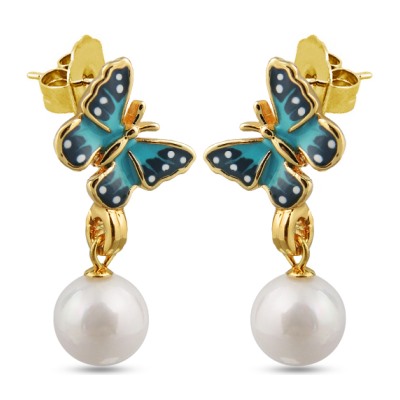 Серьги (эмаль голубая, темно-синяя, жемчуг белый; покрытие: золото)