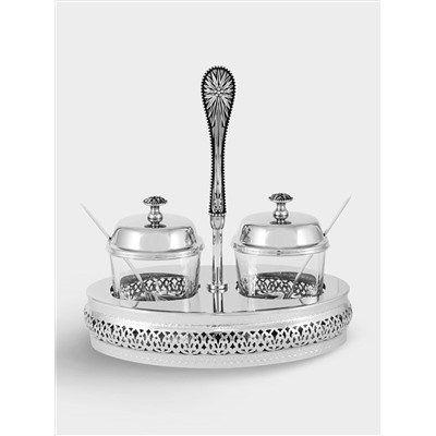 Вазочка для джема, 21x14 см, 2 шт, с ложкой, на подставке, стекло/сталь, Brittany