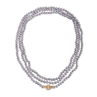 Колье (жемчуг серо-голубой 7-8мм, фианит; покрытие золото) 200см, Есть комплект