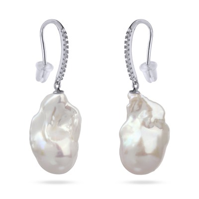 Серьги Барокко (жемчуг белый 27мм, фианит; покрытие родий), Есть комплект