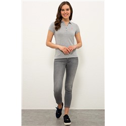 Kadın Gri Melanj Basic Polo Yaka Tişört