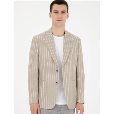 Açık Kahverengi Slim Fit Keten Çizgili Ceket