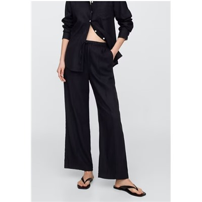 Mid Rise Linen-Blend Pull-On Wide-Leg Pants