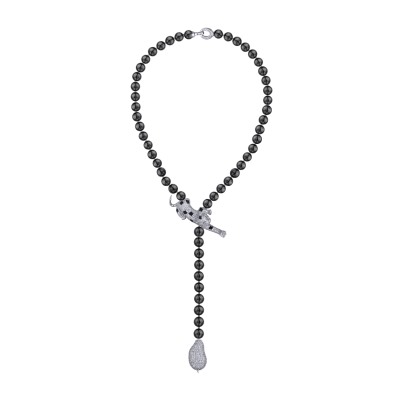 Колье Леопард (Майорка темно-серая 10мм, фианит; покрытие родий) 55см, Есть комплект