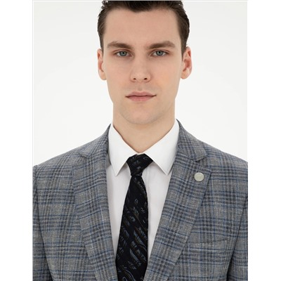 Gri Ex. Slim Fit Yün Karışımlı Ekose Ceket