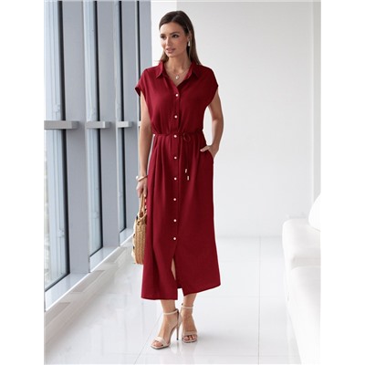 Длинное платье-рубашка с поясом и разрезами изо льна с вискозой