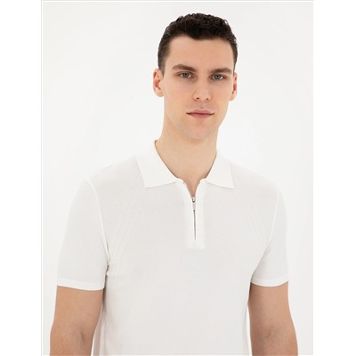 Beyaz Slim Fit Fermuarlı Polo Yaka Triko Tişört